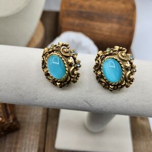 Vintage Goldtone Metal w/  Turquoise Cabichon Clip-On Earrings by Sarah Cov